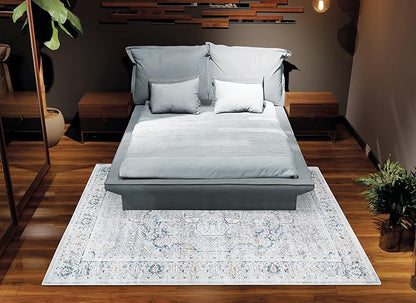 Bloom Rugs Washable Non-Slip 9' x 12' Rug - Cream/Light Blue/Teal Traditional Medallion Area Rug for Living Room, Bedroom, Dining Room, and Kitchen - Exact Size: 9' x 12'