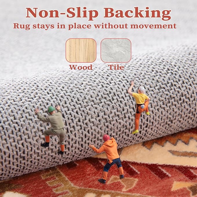 SERISSA Washable Rugs 8x10 Area Rugs, Large Non-Slip Boho Living Room Rug, Ultra Soft Oriental Vintage Red Beige Print Distressed Carpet for Dining Room Bedroom Dorm Office Home Decor