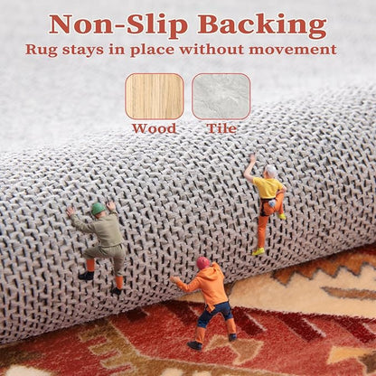 SERISSA Washable Rugs 8x10 Area Rugs, Large Non-Slip Boho Living Room Rug, Ultra Soft Oriental Vintage Red Beige Print Distressed Carpet for Dining Room Bedroom Dorm Office Home Decor