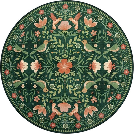Moynesa Floral Bird Round Rug 6ft Washable Circle Rug Non Slip,Modern Cottage Green Area Rugs for Bedroom Reading Coner,Farmhouse Living Dining Room Aesthetic Carpet Vintage Home Decor