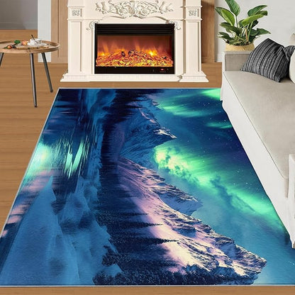 5x8 Snowy Mountains Kids Rug - Aurora Borealis Dining Room Rug, Polar Landscape Area Rugs Indoor Modern Rugs for Bedroom Hardwood Floors Teen Room