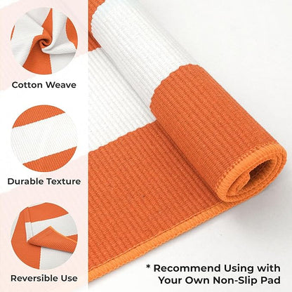 KOZYFLY Striped Outdoor Rug 4x6 Ft Orange and White Halloween Fall Hand Woven Area Rug Washable Outdoor Doormats Indoor Entrance Mat for Front Door Kitchen Entryway Patio Front Porch Decor