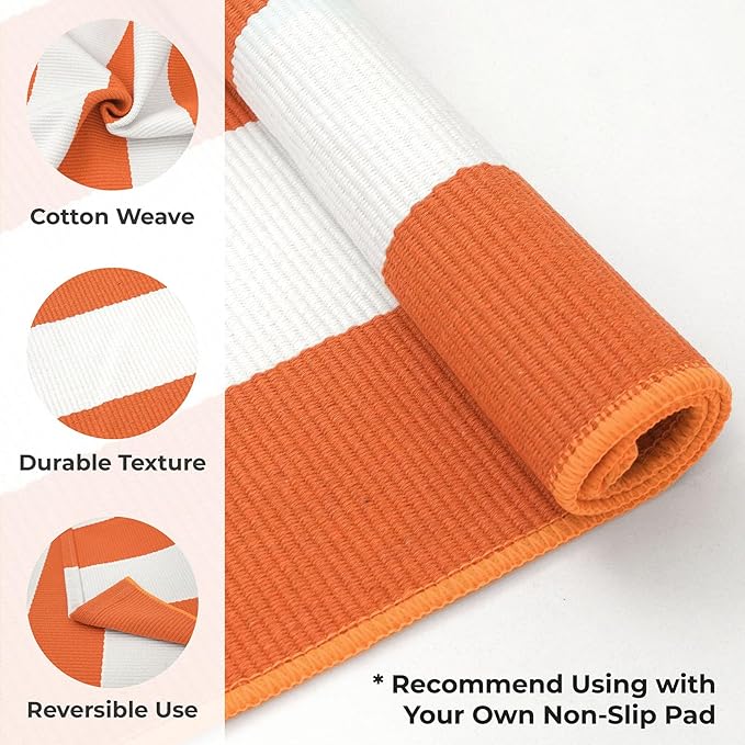 KOZYFLY Striped Rug 3x5 Ft Orange and White Halloween Fall Front Door Rug Hand Woven Area Rugs Washable Outdoor Doormats Indoor Entrance Mat for Front Porch Kitchen Entryway Patio Holiday