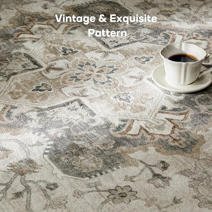 Marsail 9x12 Machine Washable Area Rug, Soft & Slip-Resistant Large Area Rug with Reinforced Bound Edges, Vintage Short-Pile Washable Rug with Floral Pattern for Living Room, Dinning Room and Bedroom