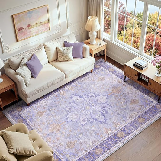 Area Rugs 6'x9' Washable Non-Slip, Floral Vintage Distress Print Pattern Medallion Carpet for Living Room Bedroom Dining Room, Light Purple Brown