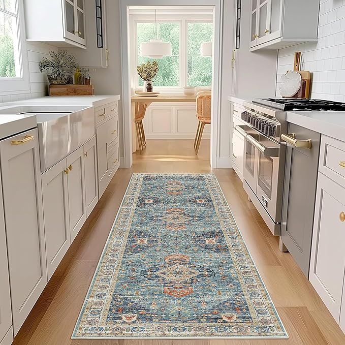 Enkor Runner Rugs for Hallway, 2.6x8 Washable Soft Non Slip Floor Rugs for Kitchen, Modern Mat for Living Room Bedroom Entryway Green & Blue
