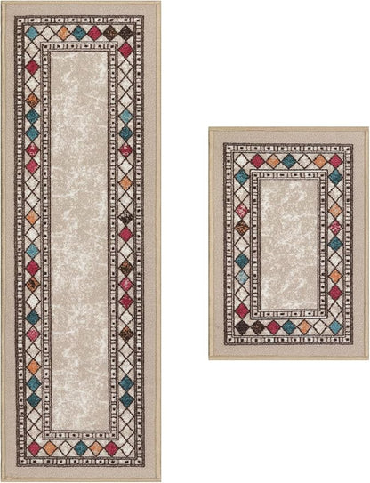 Antep Rugs Alfombras Modern Bordered 2pc Non-Skid (Non-Slip) Low Profile Pile Rubber Backing Indoor Kitchen Runner Rugs (Beige, 2pc Set)