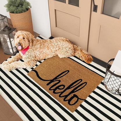 Striped Outdoor Rugs 3'x5', Cotton Hand Woven Rug Front Door Mat,Washable Reversible Layered Door Mats, Foldable Front Porch Rug for Entryway/Home Entrance/Farmhouse(Black and White)