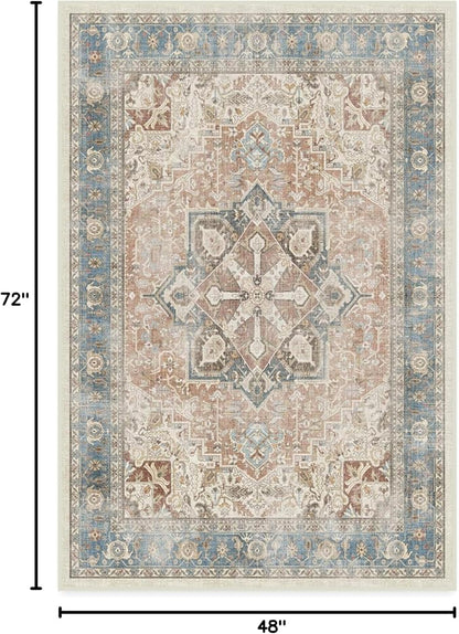 RUGGABLE Washable Vintage Area Rug – Kamran Coral 4x6, Stain-Resistant, Non-Slip – Medium Machine Washable Rugs for Living Room, Bedroom, Hallway, Entryway & Office–with Cushioned Pad
