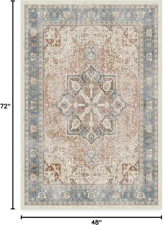 RUGGABLE Washable Vintage Area Rug – Kamran Coral 4x6, Stain-Resistant, Non-Slip – Medium Machine Washable Rugs for Living Room, Bedroom, Hallway, Entryway & Office–with Cushioned Pad