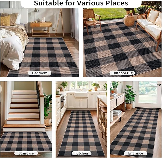 Tangsoo Checkered 4x6 Washable Easy Jute Area Rug for Patio,Non-Slip Black Grey Indoor Outdoor Rug,Modern Throw Mat Ultra Thin Carpet for Front Porch Kitchen Bedroom Foyer