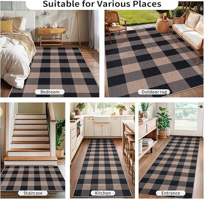 Tangsoo Checkered Easy Jute Runner Rug for Hallways,2x6 Washable Non-Slip Carpet Runner for Kitchen Bedroom Laundry Entryway Modern Black Grey Indoor Outdoor Floor Mat