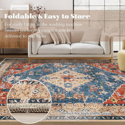 Area Rug 8x10 Washable Rug, Vintage Boho Medallion Rugs Non-Slip Soft Low Pile Large Distressed Rug Indoor Retro Carpet for Living Room Bedroom Dining Room Home Office (Tribal Medallion/Multi, 8'x10')