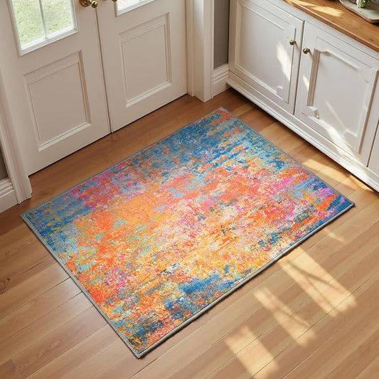Entrance Rugs Indoor 2x3 Colorful Entry Rug Washable Abstract Rainbow Small Area Rug Non-Slip Low Pile Throw Rugs for Entryway, Kitchen Floor, Front Door Indoor Door Mat, Bathroom, Bedroom Bedside