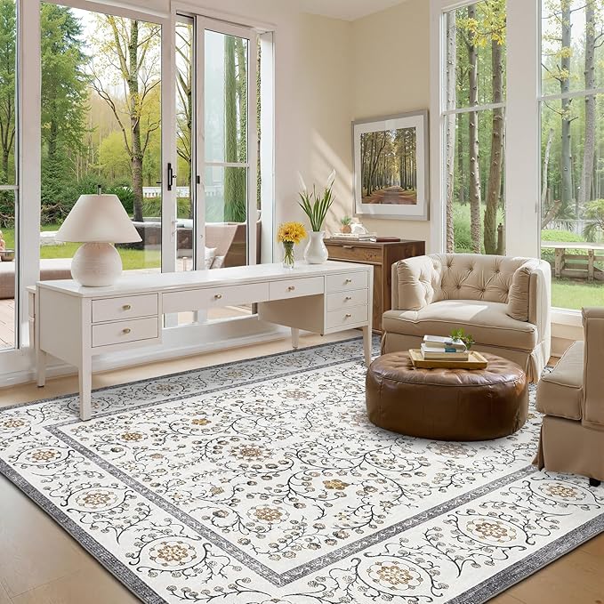 GarveeHome Boho 8x10 Area Rugs for Living Room, Floral Vintage Rugs for Bedroom with Soft Low Pile, Non Slip Stain Resistant Washable Rug 8x10 for Dining Room Grey Large Carpet for Office Playroom