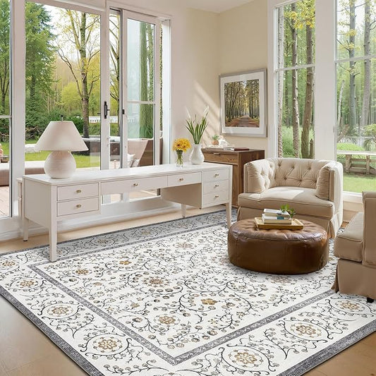 GarveeHome Boho 5x7 Area Rug for Bedroom, Floral Vintage Rugs for Living Room with Soft Low Pile, Non Slip Botanical Washable Rugs 5x7 for Dining Room Grey Carpet for Entryway Dorm Office Playroom