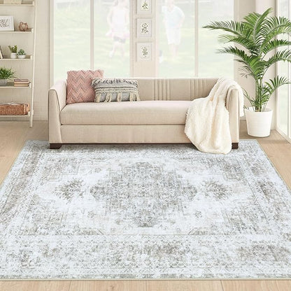 Area Rug 4x6 Vintage Rug, Machine Washable Vintage Distressed Medallion Rug Non-Slip Soft Low Pile Large Indoor Rugs for Bedroom Kitchen Dining Room Office(Taupe,4'x6')