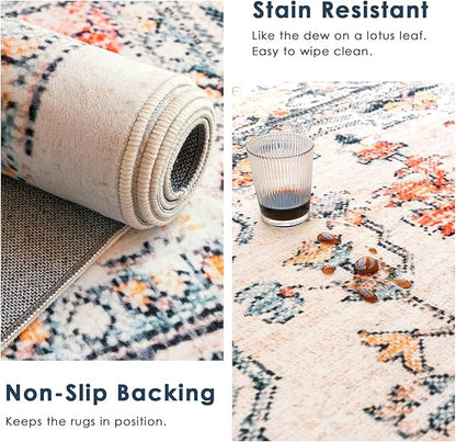 VK VK·LIVING Round Washable Rug 5'Ft Vintage Machine Washable Area Rugs with Non Slip Round Rugs for Living Room Bedroom Traditional Woven Carpet Stain Resistant Dining Home Office Boho Rug (Blue)