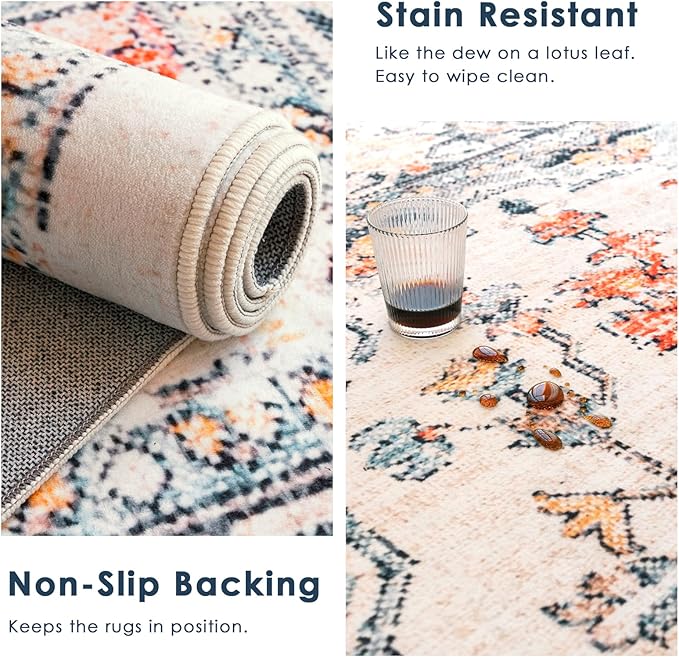 VK VK·LIVING Machine Washable Rug 2'x6' Vintage Design Washable Runner Area Rugs with Non Slip Rugs for Living Room Bedroom Traditional Woven Carpet Stain Resistant Dining Boho Rug (Blue&Orange)