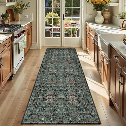 Lunasun Boho Dark Green Botanical 2x6 Washable Long Kitchen Runner Rug - Floral Throw Rug for Hallway, Bathroom, Indoor Entrance, Laundry, Bedroom - Soft Vintage Front Door Mat with Low Pile Non Skid