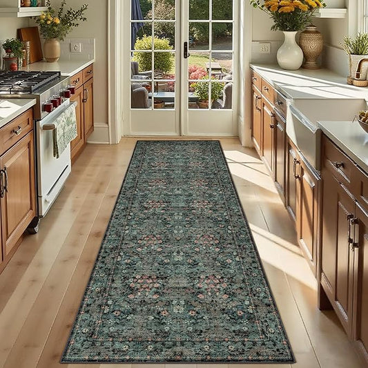 Lunasun Boho Dark Green Botanical 2x6 Washable Long Kitchen Runner Rug - Floral Throw Rug for Hallway, Bathroom, Indoor Entrance, Laundry, Bedroom - Soft Vintage Front Door Mat with Low Pile Non Skid