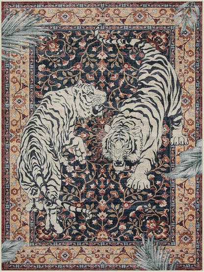 Moynesa Tiger Washable Area Rug, 9x12 Living Room Rug, Vintage Non Slip Large Rug for Dining Room, Ultra Thin Boho Soft Stain Resistant Indoor Carpet for Bedroom Guest Room, Puce Red
