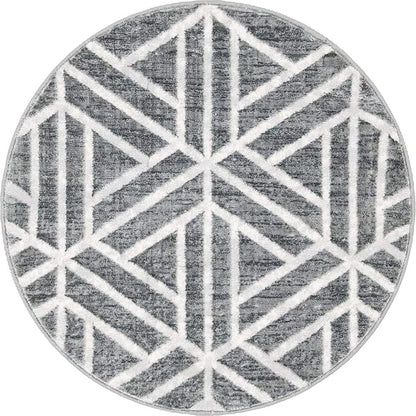 Rugs.com Lattice Trellis Collection Rug – 3 Ft Round Gray Low-Pile Rug Perfect for Kitchens, Dining Rooms
