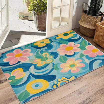 Floral Rug for Entryway Indoor - 3x4ft - Modern Artistic Flower Washable Non Slip Low Pile Small Rug for Bedroom, Floral Carpets Room Decor & Gifts