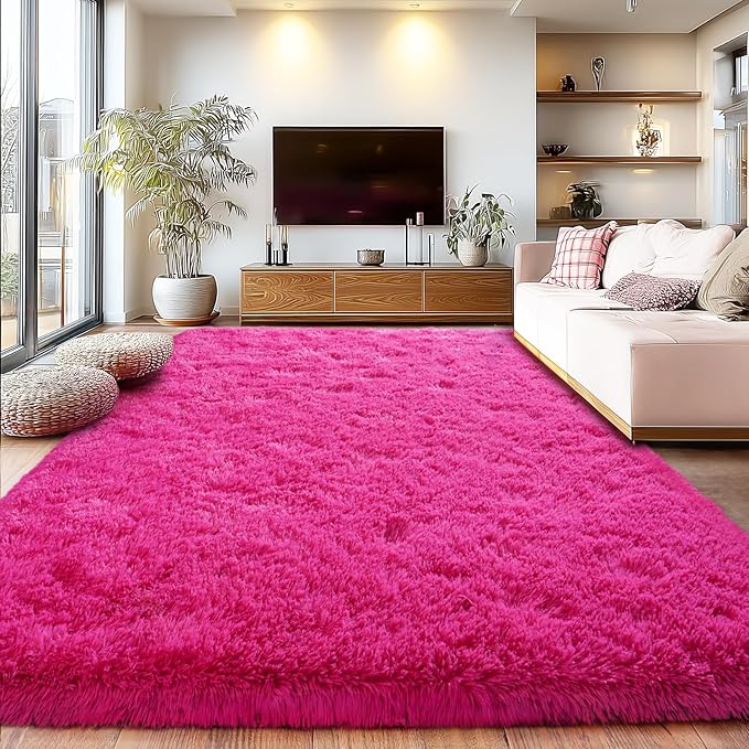 Fluffy Rugs for Living Room, Soft Shaggy for Bedrooms, Hot Pink Area Rug for Bedroom, Cozy Fuzzy Carpet for Kids, Perfect Indoor Decor for Boys and Girls 5x7 Feet
