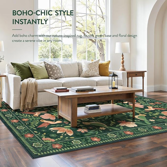 Moynesa Green Washable 8x10 Area Rugs for Living Room Bedroom Dining Room, Modern Cottage Farmhouse Aesthetic Floral Bird Medallion Carpet, Vintage Home Decor Open Floor Areas Protection Non-Slip
