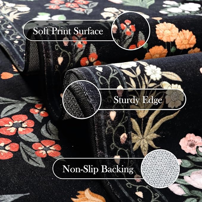 Wonnitar Floral Print Rug for Living Room, Black Washable 5x7 Area Rugs, Ultra-Thin Non Slip Stain Resistant Bedroom Carpet for Dining Room Playroom Office Dorm, Black/Multi