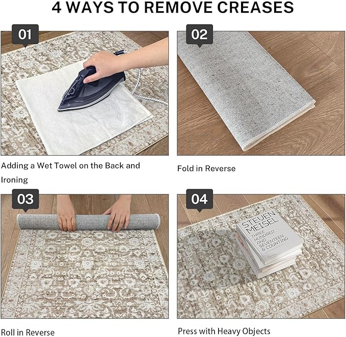 Vintage Floral 2x6 Runner Rug, Beige Tan White Washable Kitchen Runner Rug Non-Slip Neutral Hallway Rug Runner Thin Printed Faux Wool Super Soft Carpet for Entryway Bedroom Laundry Room Indoor