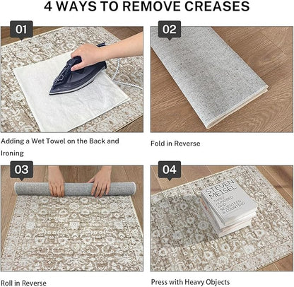 Vintage Floral 2x6 Runner Rug, Beige Tan White Washable Kitchen Runner Rug Non-Slip Neutral Hallway Rug Runner Thin Printed Faux Wool Super Soft Carpet for Entryway Bedroom Laundry Room Indoor