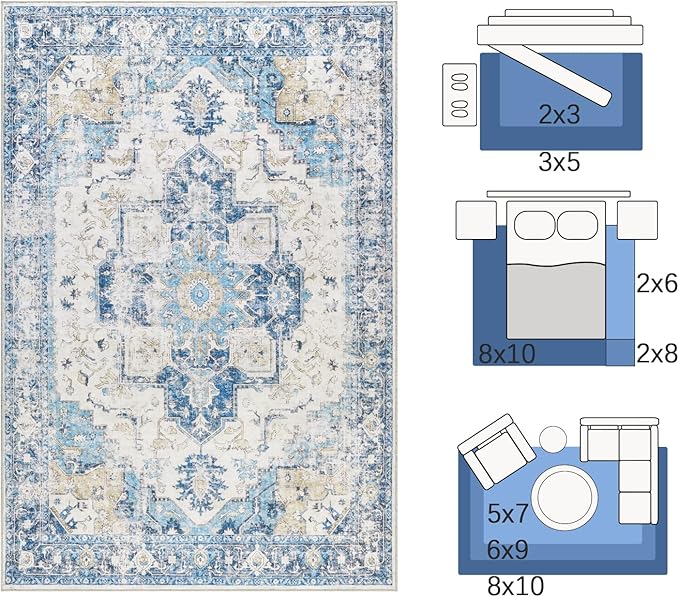 jinchan Kelda Runner Rug 2x5 Washable Rug Soft Hallway Runner Indoor Vintage Print Floor Cover Retro Distressed Lightweight Non-Slip Thin Carpet for Bathroom Kitchen Living Room Bedroom Blue
