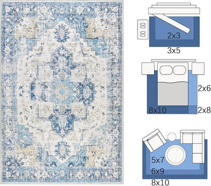 jinchan Kelda Runner Rug 3x7 Washable Rug Soft Hallway Runner Indoor Vintage Print Floor Cover Retro Distressed Lightweight Non-Slip Thin Carpet for Bathroom Kitchen Living Room Bedroom Blue