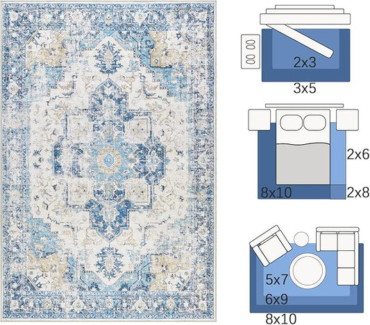jinchan Kelda Runner Rug 3x10 Washable Rug Soft Hallway Runner Indoor Vintage Print Floor Cover Retro Distressed Lightweight Non-Slip Thin Carpet for Bathroom Kitchen Living Room Bedroom Blue