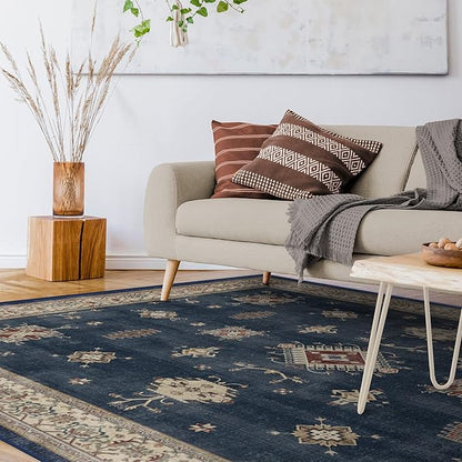 RUGGABLE Washable Vintage Area Rug – Verena Sapphire 8x10, Stain-Resistant, Non-Slip – Large Machine Washable Rugs for Living Room, Bedroom, Hallway, Entryway & Office–with Standard Pad