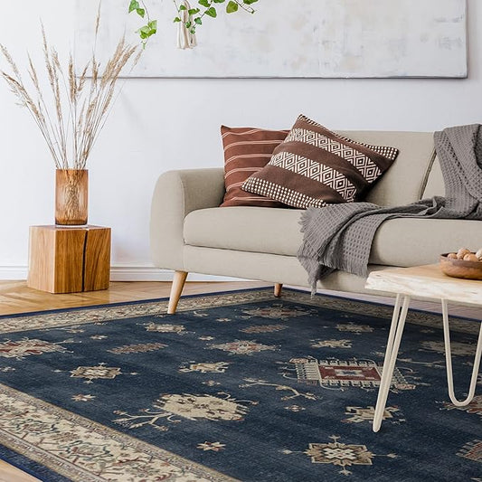 RUGGABLE Washable Vintage Area Rug – Verena Sapphire 10x14, Stain-Resistant, Non-Slip – Large Machine Washable Rugs for Living Room, Bedroom, Hallway, Entryway & Office–with Cushioned Pad