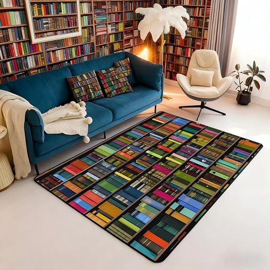 Books Area Rug 3x5 Rainbow Bookshelf Rugs for Living Room | Watercolor Book Shelf Washable Rug, Bookcase Bookrack Carpet Indoor Floor Mat