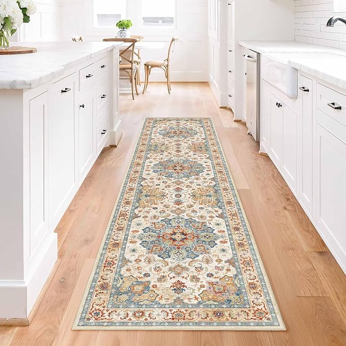 Enkor Runner Rugs for Hallway, 2x8 Washable Soft Non Slip Floor Rugs for Kitchen, Modern Mat for Living Room Bedroom Entryway Orange & Beige