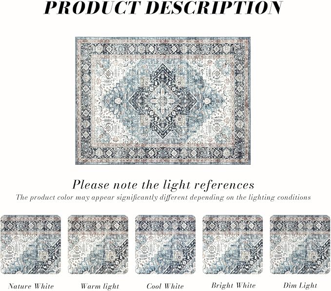 Area Rug 4×6, Vintage Boho Rug,Ultra-Soft Low Pile, Washable, Non Slip,Stain Resistant Printed Carpet for Living Room Bedrooms Playroom Office Kitchen, Blue/Navy