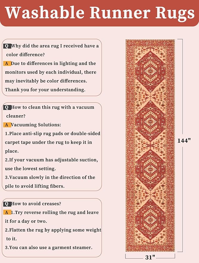 SERISSA Runner Rug for Hallways, 2'6"x12' Washable Non Slip Kitchen Runner Rug, Extra Long Boho Rug Ultra Soft Vintage Red Beige Print Floor Carpet for Bedroom Hallway Entryway Bathroom Laundry Room
