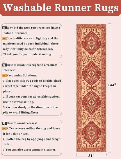 SERISSA Runner Rug for Hallways, 2'6"x12' Washable Non Slip Kitchen Runner Rug, Extra Long Boho Rug Ultra Soft Vintage Red Beige Print Floor Carpet for Bedroom Hallway Entryway Bathroom Laundry Room