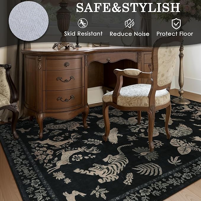Moynesa Vintage Animal Washable Area Rugs 8x10, Retro Black Gold Area Rug for Living Room Bedroom Dining Room Office Study, Low Pile Soft Non Slip Stain-Resistant Carpets for Home Decor