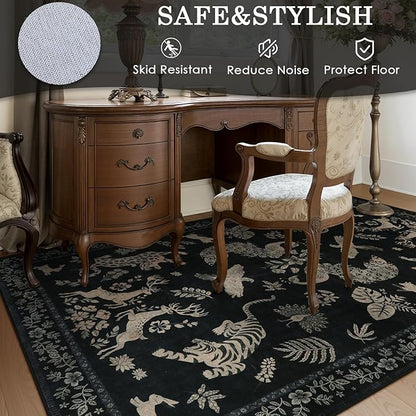 Moynesa Vintage Animal Washable Area Rugs 5x7, Retro Black Gold Area Rug for Bedroom Living Room Dining Room Office Study, Low Pile Soft Non-Slip Lightweight Carpets for Home Decor