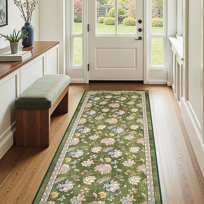 jinchan Elora 3x10 Floral Runner Rug for Hallway Washable Kitchen Runner Vintage Romance Design Non Slip Thin Indoor Floor Cover Low-Profile Throw Carpet for Entryway Bathroom Bedroom Porch, Green