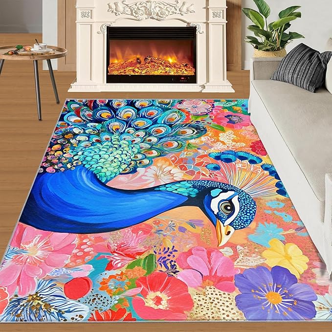 Peacock Area Rug 5x6-5x6 Rug, Boho Floral Rugs for Living Room, Colorful Carpet, Oil Painting Art Washable Area Rugs for Bedroom, Aesthetics Carpet - Peafowl Home Decor & Gifts