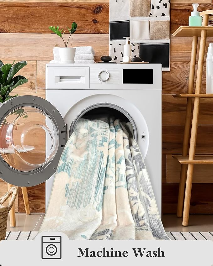 Washable Abstract Rug, 4x6 Ivory and Aqua Floral Area Rugs with Non-Slip Rubber Backed for Bedroom, Low Pile Modern Throw Carpet Kitchen Living Room Decor