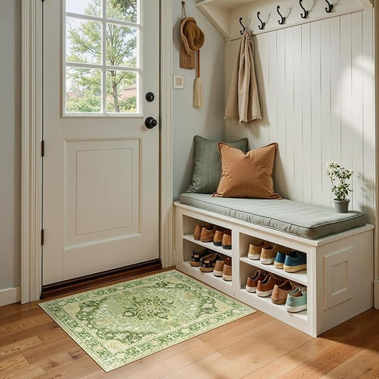 Area Rugs 2'x3' Washable Non-Slip, Floral Vintage Distress Print Pattern Medallion Carpet for Living Room Bedroom Dining Room, Sage Green Yellow