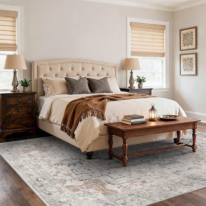 8x10 Area Rugs for Living Room, Machine Washable Non Slip Vintage Rugs, Low Pile Lightweight Print Rug for Bedroom, Dining Room, Home Office, Light Taupe Brown